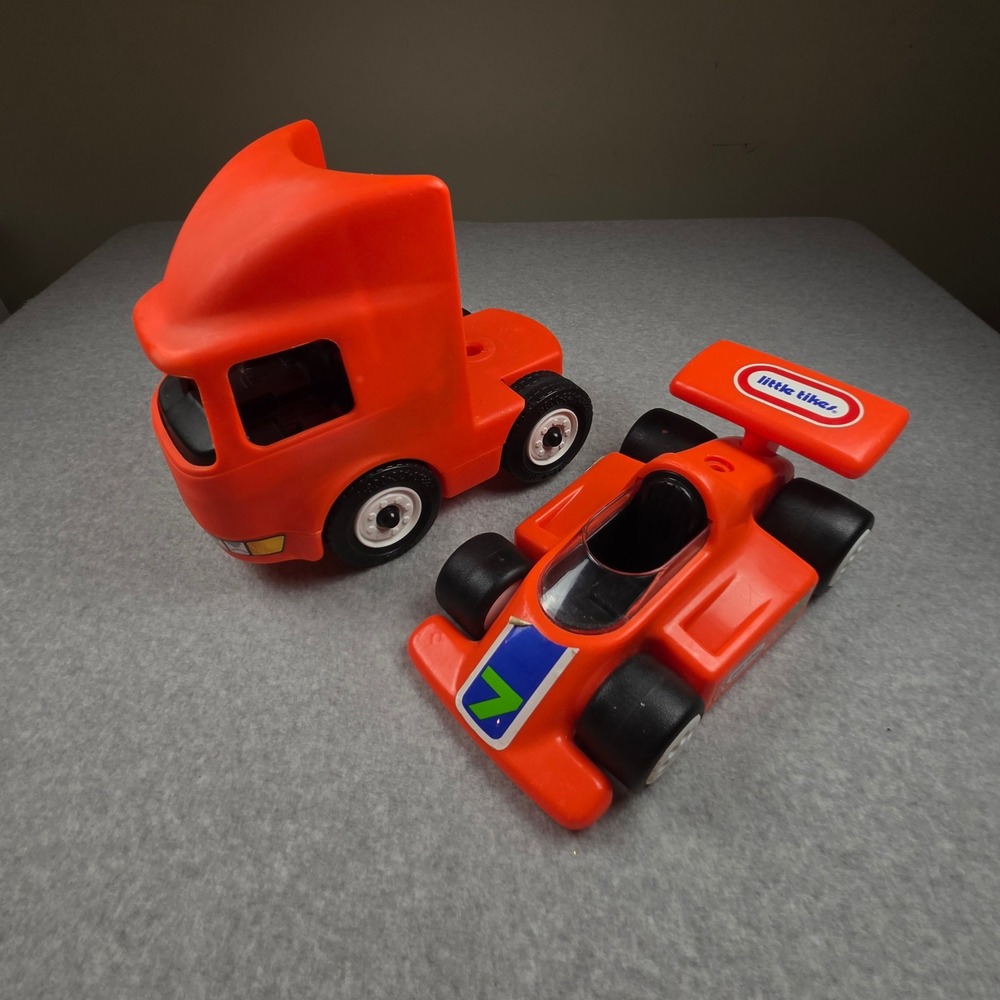 Vintage Little Tikes Orange Semi Truck Cab and No 7 Race Car Toy Set USA Made